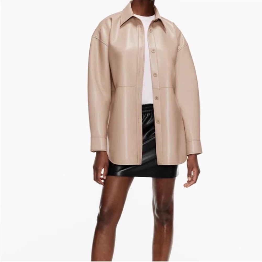 ARITZIA BABATON Pelli Neutral Vegan Leather Longlined Buttondown Layering Shirt